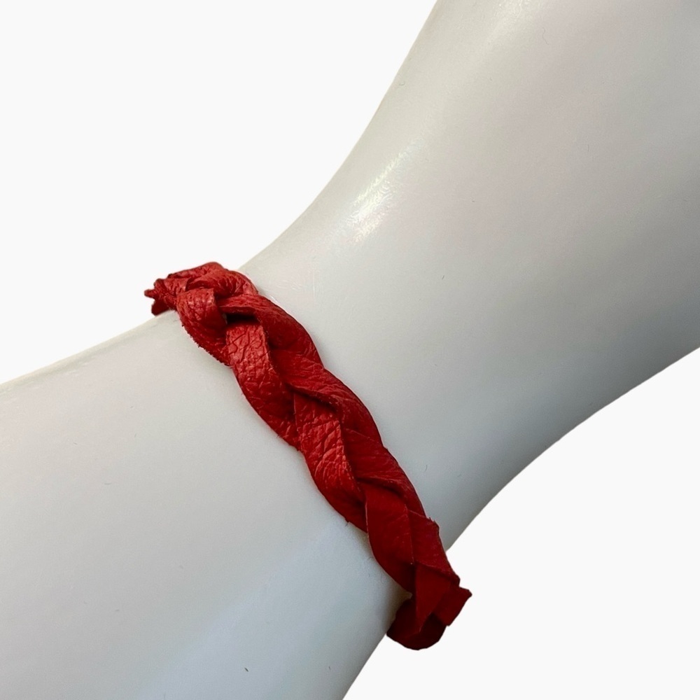 Red Leather Woven Braided Wrap Bracelet Handmade